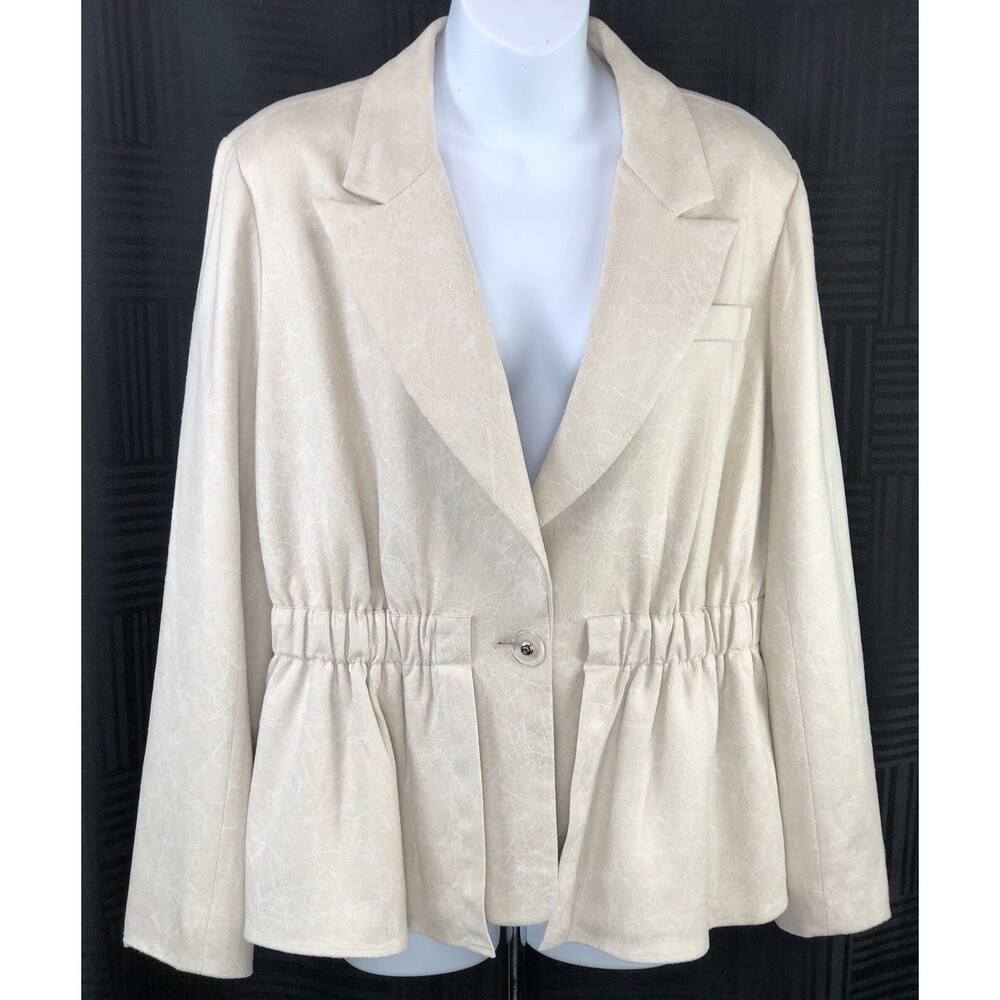 V Cristina Faux Suede Blazer Jacket L Ivory Marble Layered Ruffles Peplum Career